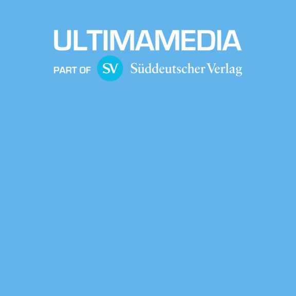 Logo_UMG Logo der Ultima Media Germany GmbH in weißer Schrift auf hellblauem Hintergrund